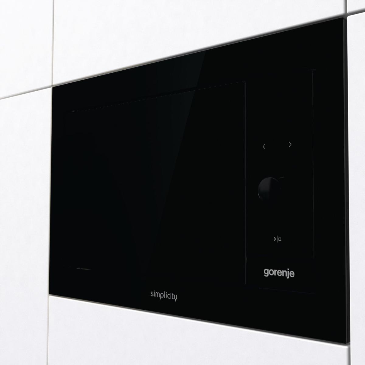 Fekete beépített sütő. A vezérlőpanel a jobb oldalon van. Gorenje és Simplicity felirat.