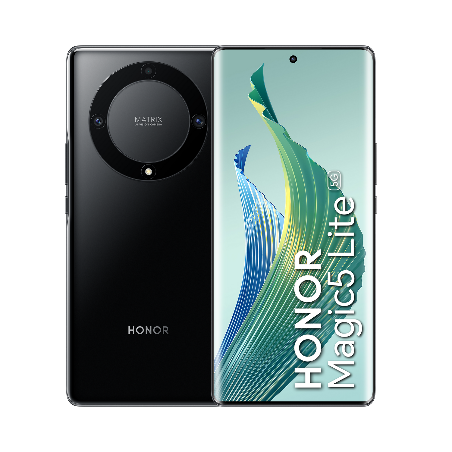 Smartphone negro con triple cámara. La marca es HONOR Magic5 Lite 5G.
