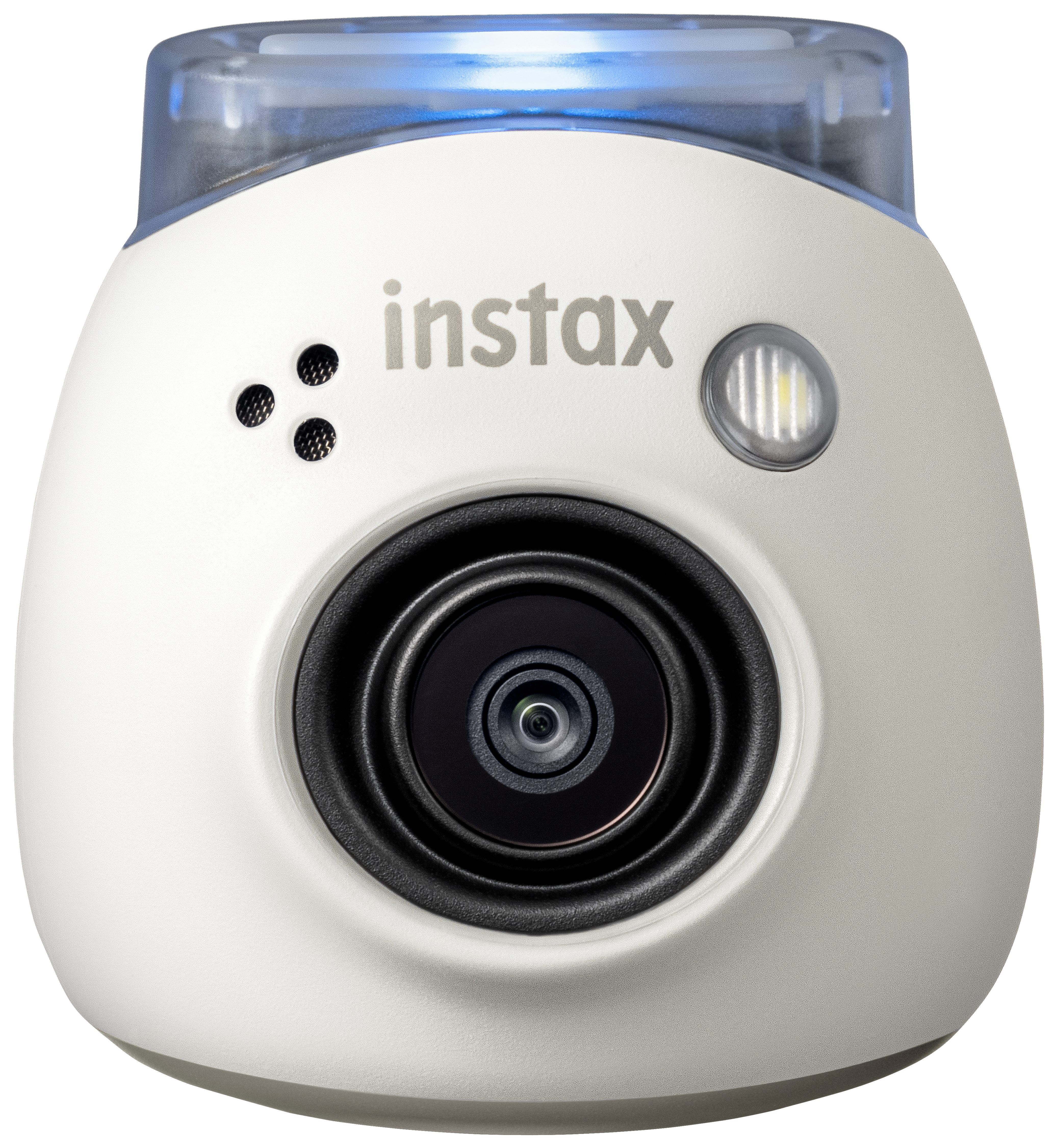 Eine weiße Instax-Kamera mit Objektiv und blauem Licht oben.