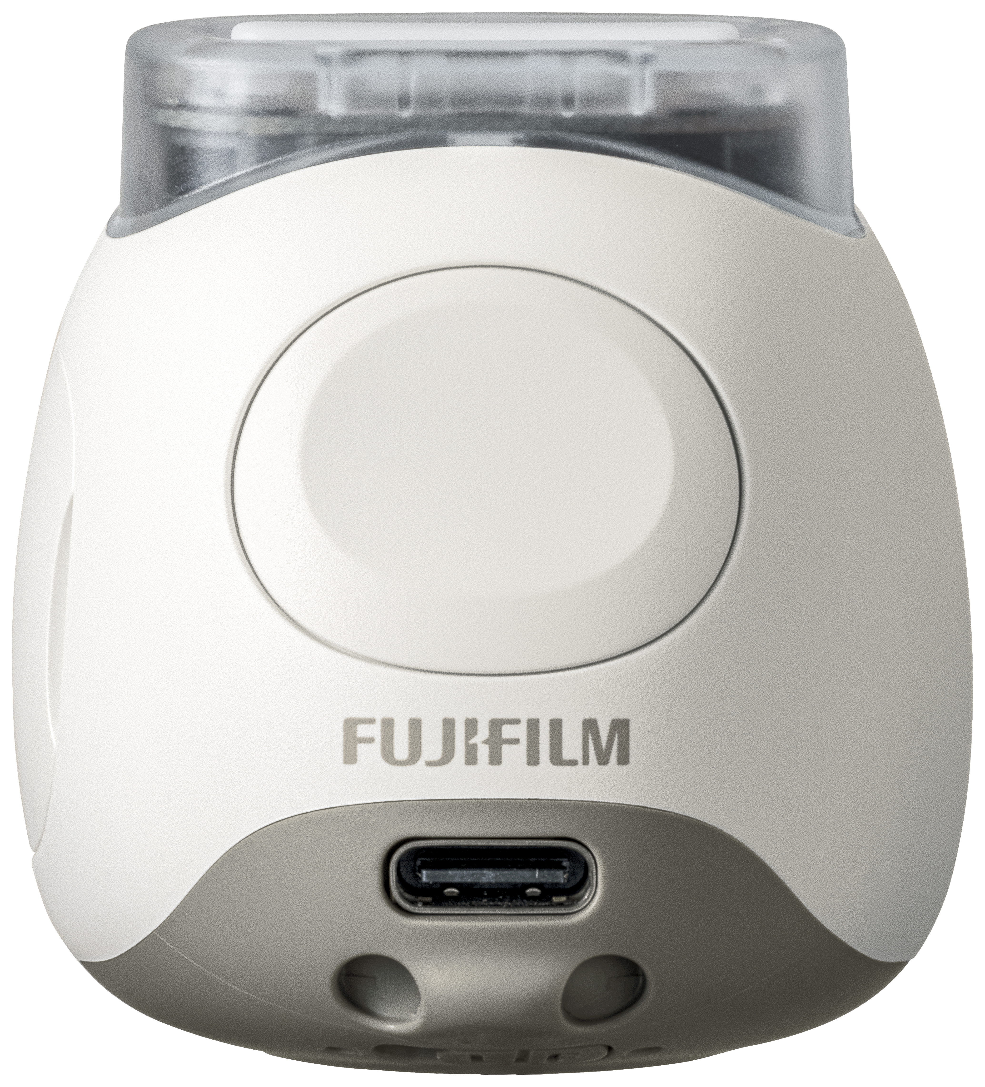 Weiße und graue Digitalkamera mit Objektivabdeckung, USB-Anschluss und Fujifilm-Logo.