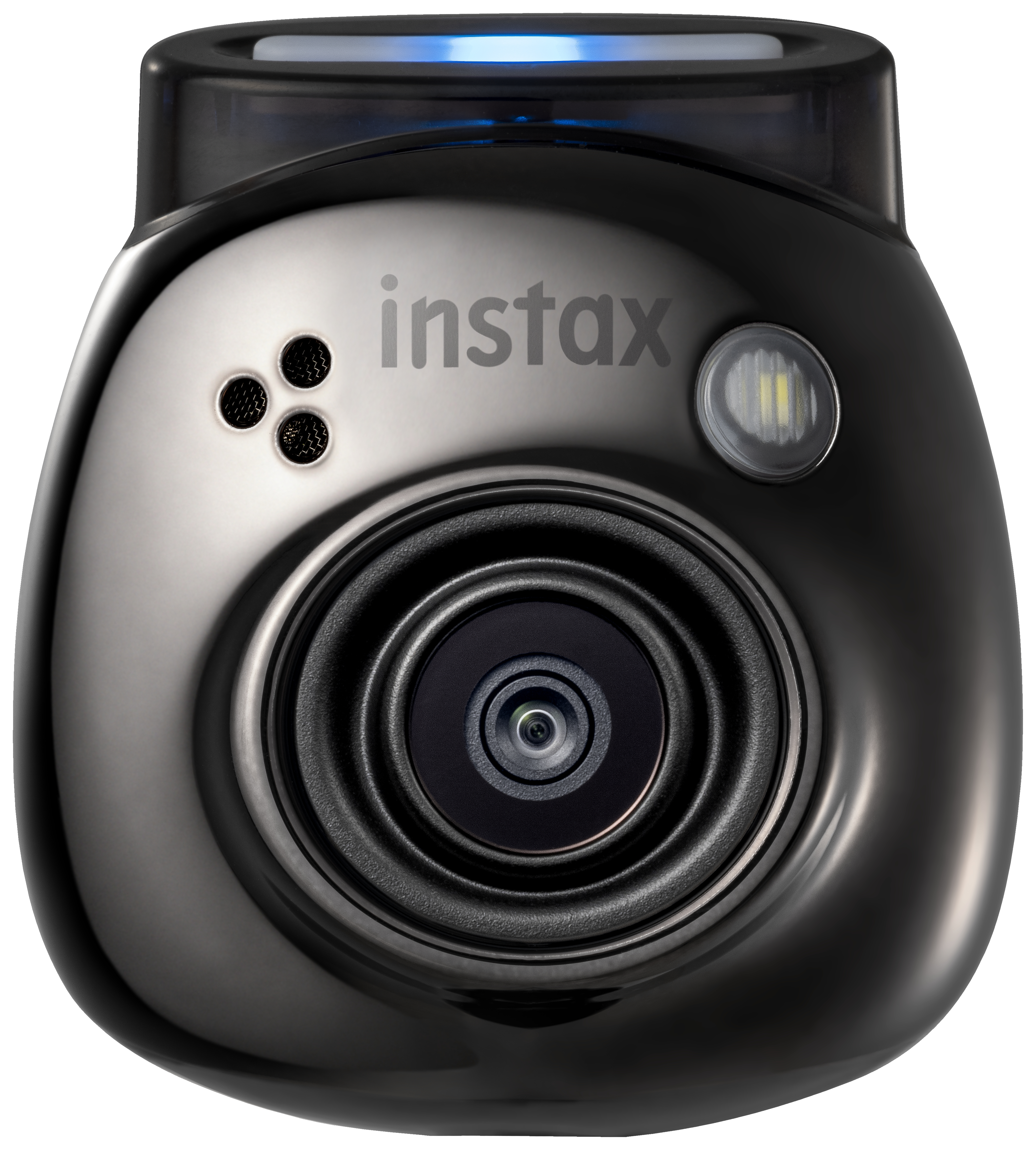 Schwarze Instax-Kamera. Die Kamera hat ein Objektiv und einen Blitz. Das Instax-Logo ist sichtbar.