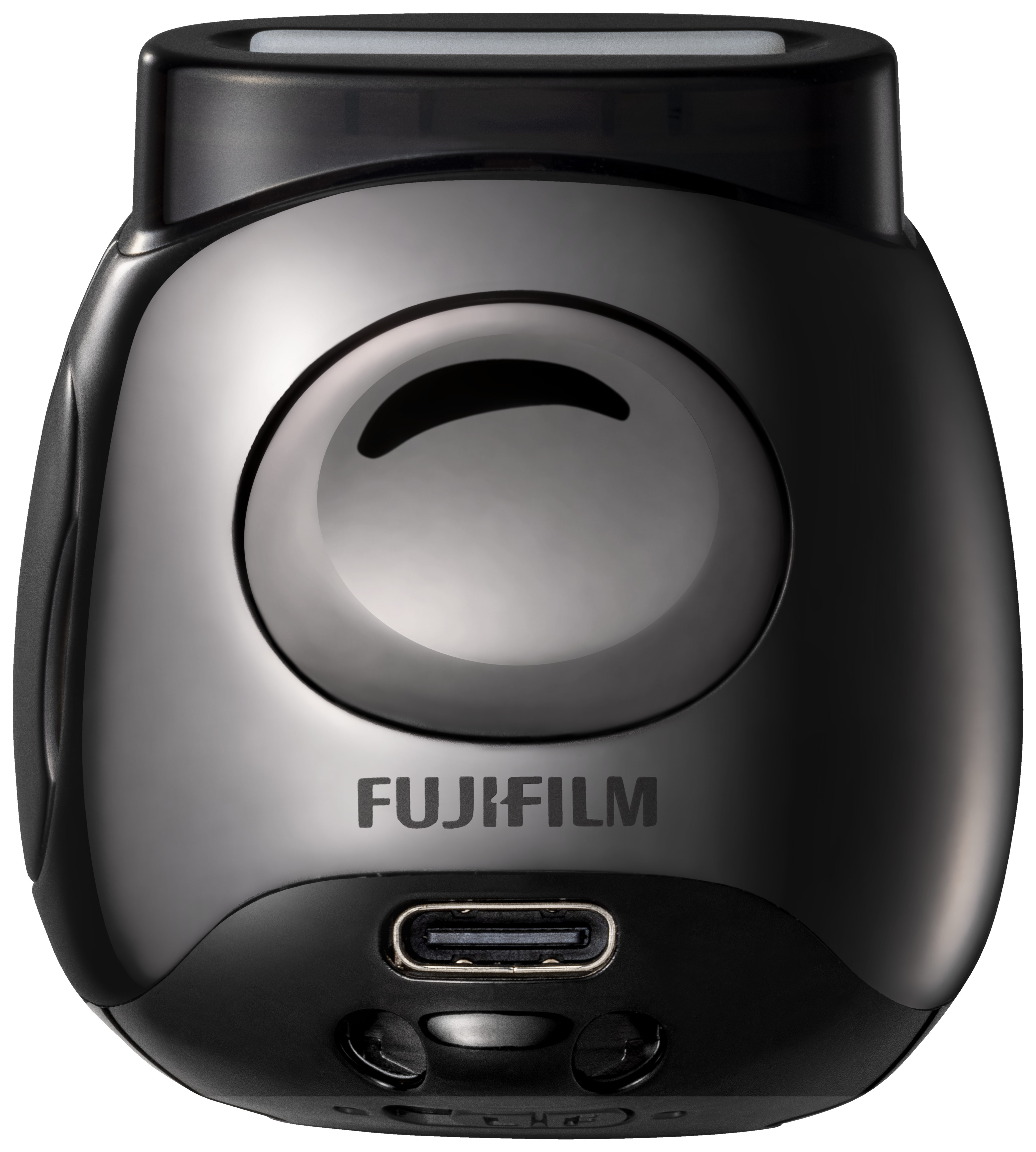 Eine schwarze, abgerundete Kamera mit dem Fujifilm-Logo. Sie hat ein Objektiv und einen USB-C-Anschluss unten.