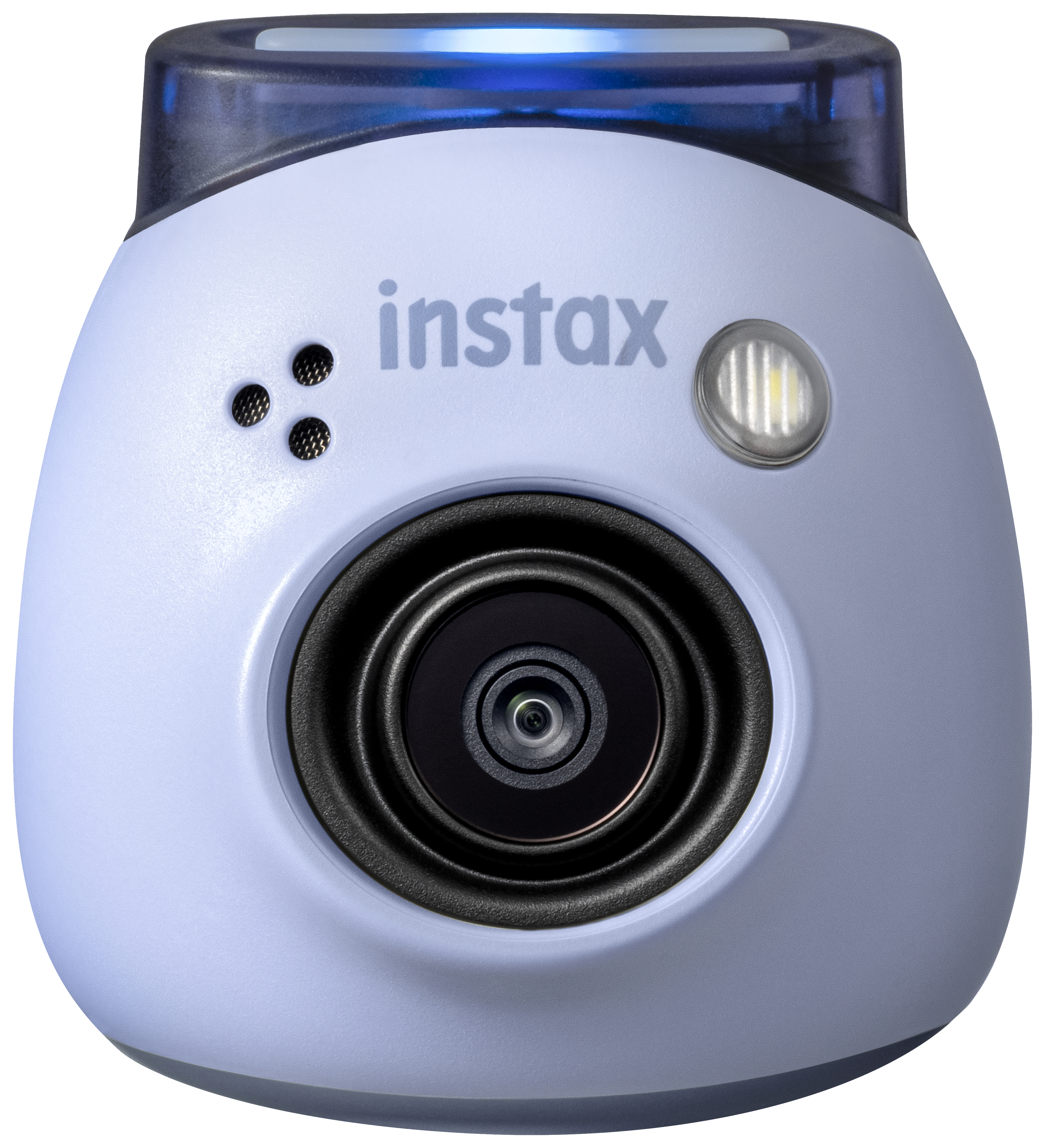 Instax-Kamera, hellblau, Draufsicht, mit Blitz, Objektiv und Instax-Logo, auf weißem Hintergrund.