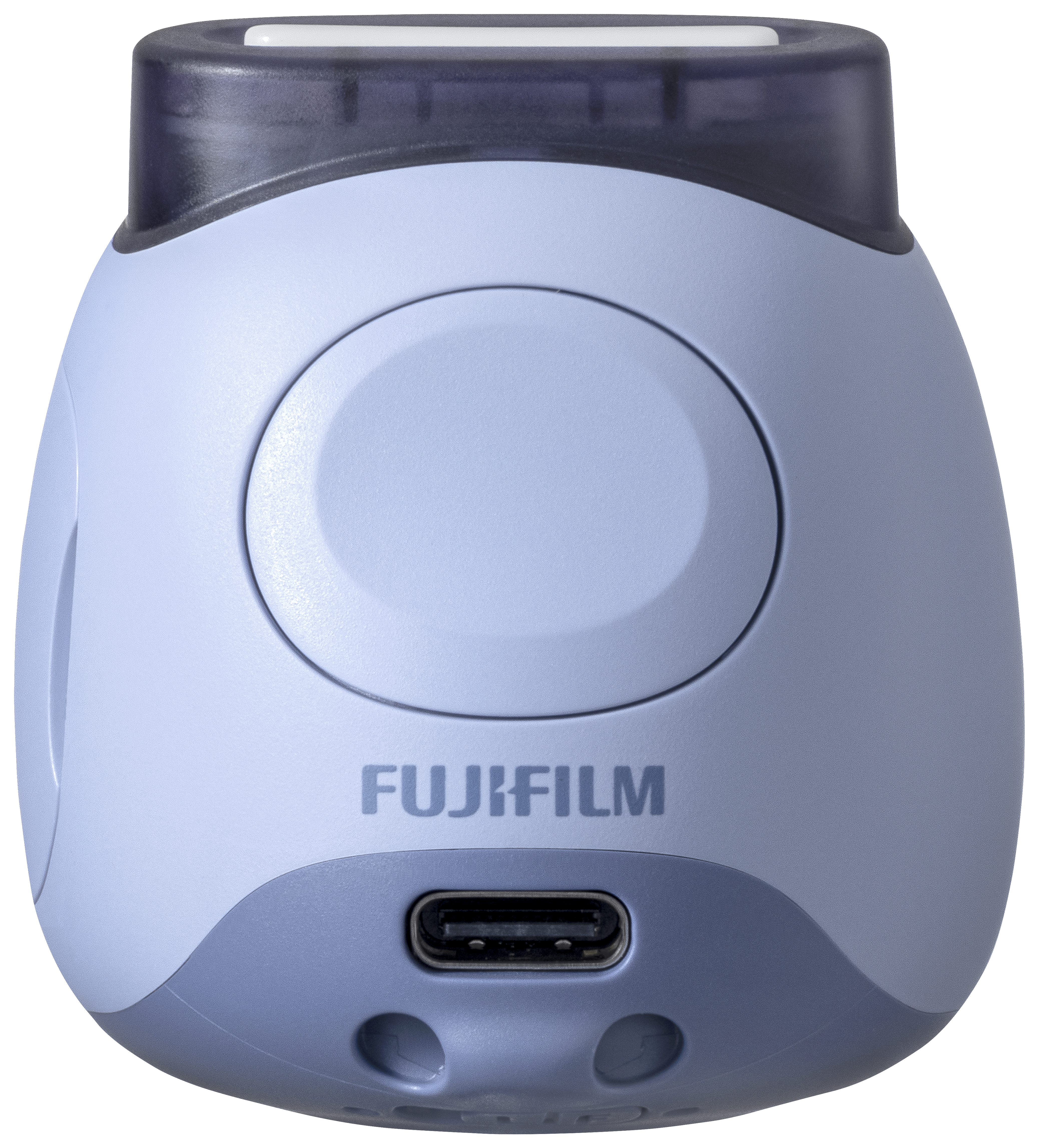 Eine hellblaue Fujifilm Kamera mit grauem Sockel, Frontansicht.