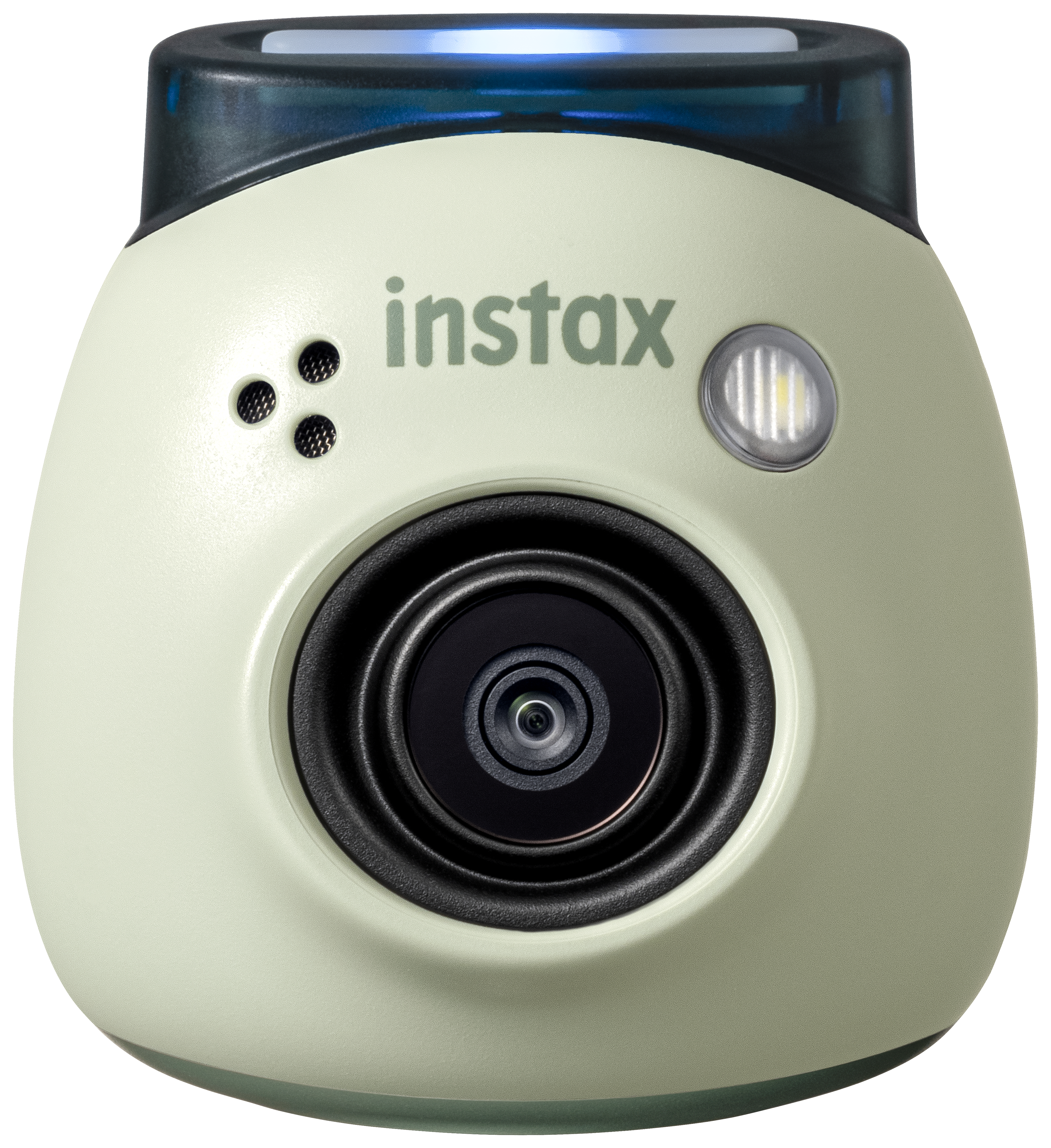 Instax-Kamera, cremefarben mit schwarzem Objektiv, blauem Oberteil, Blitz und Knöpfen.
