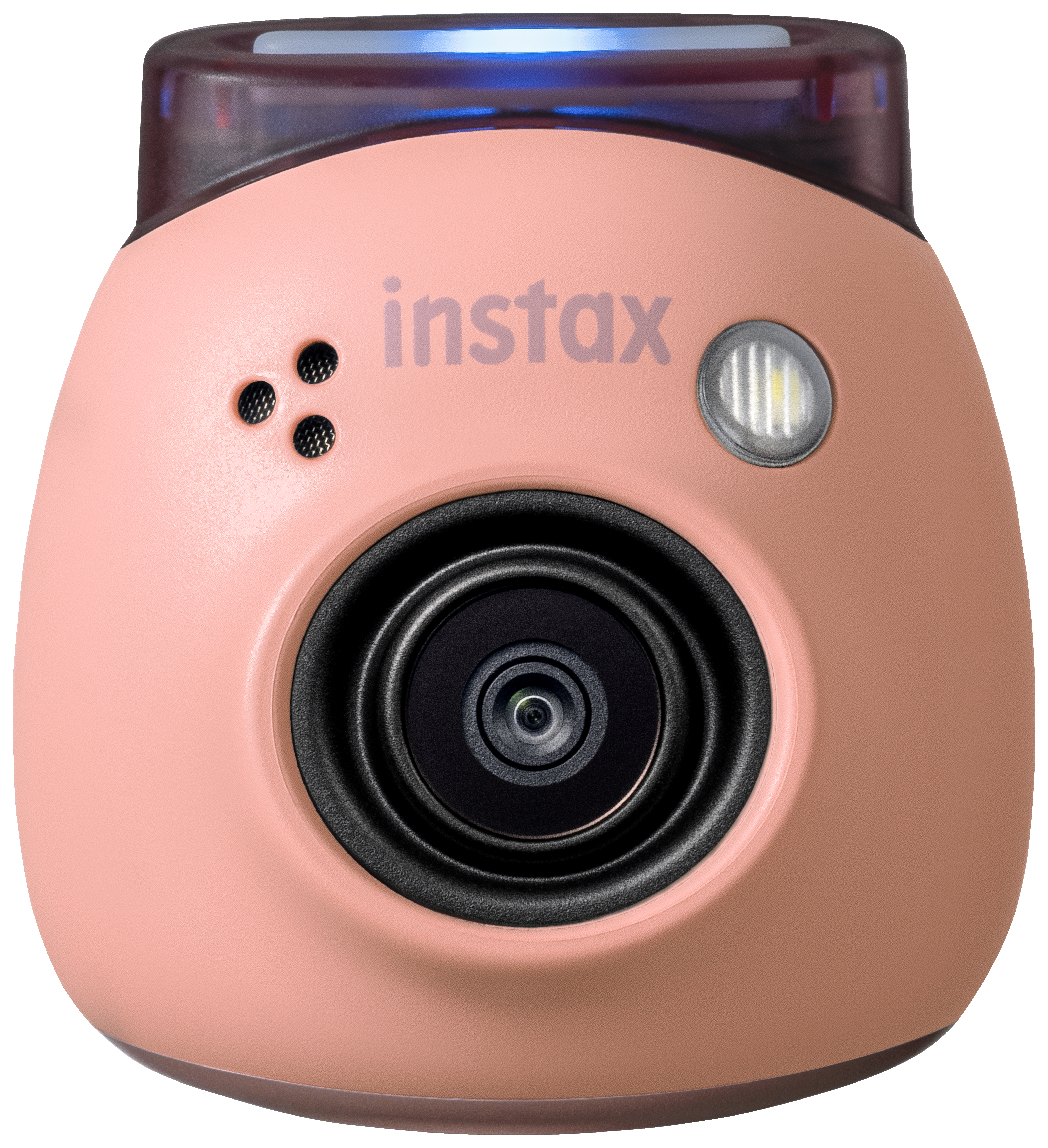 Eine rosa Instax-Kamera mit Objektiv, Blitz und Knöpfen.