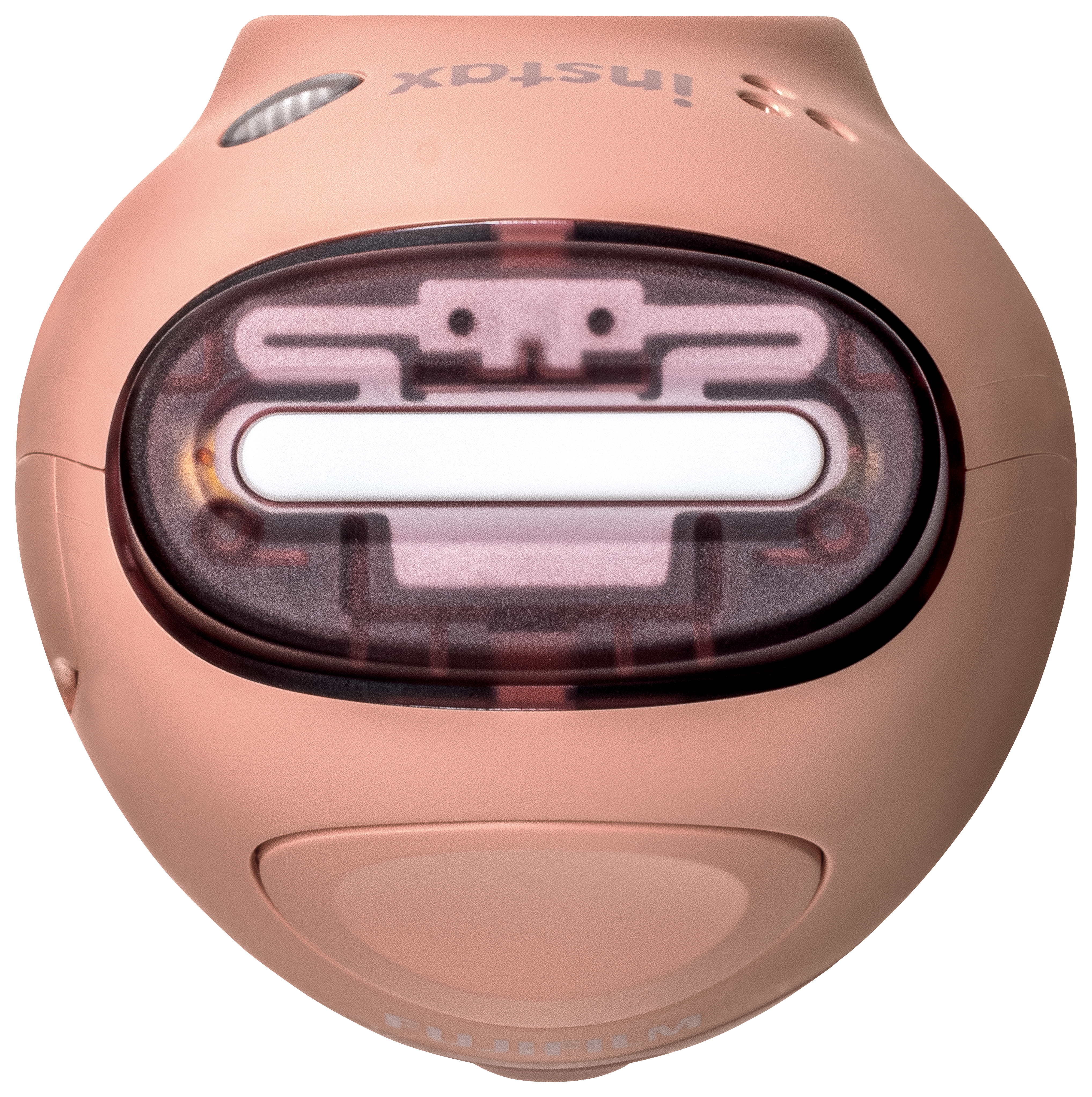 Ein roségoldfarbener Instax-Kamerapdrucker. Es hat eine ovale Öffnung.