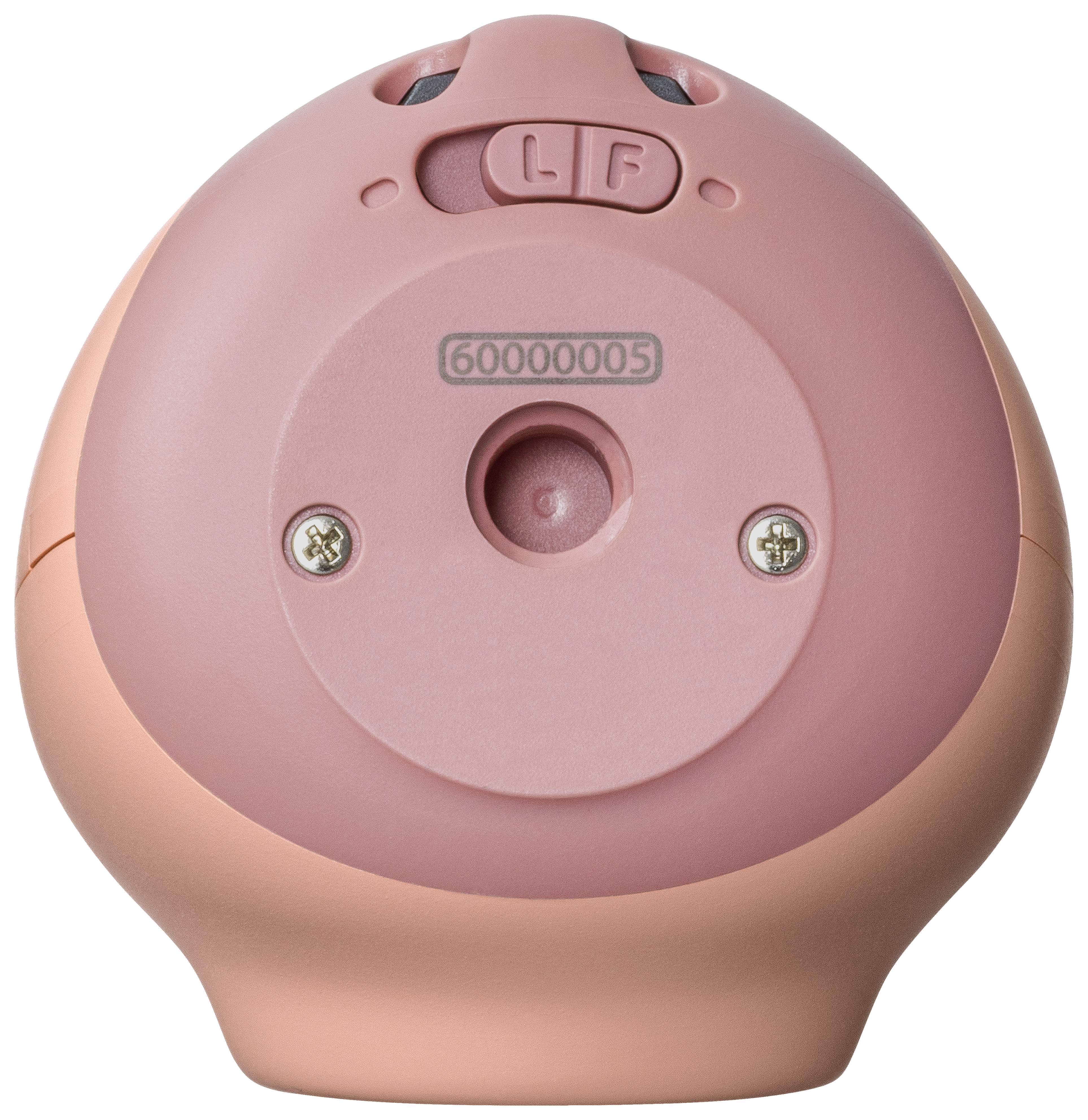 Die Unterseite einer rosa Maus, die Modellnummer und Schrauben zeigt.