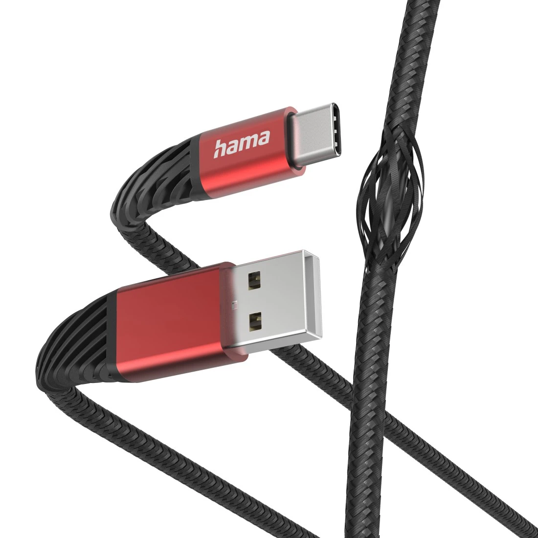 Piros-fekete USB-C kábel Hama logóval. USB és USB-C csatlakozók láthatók. Fonott kábel.