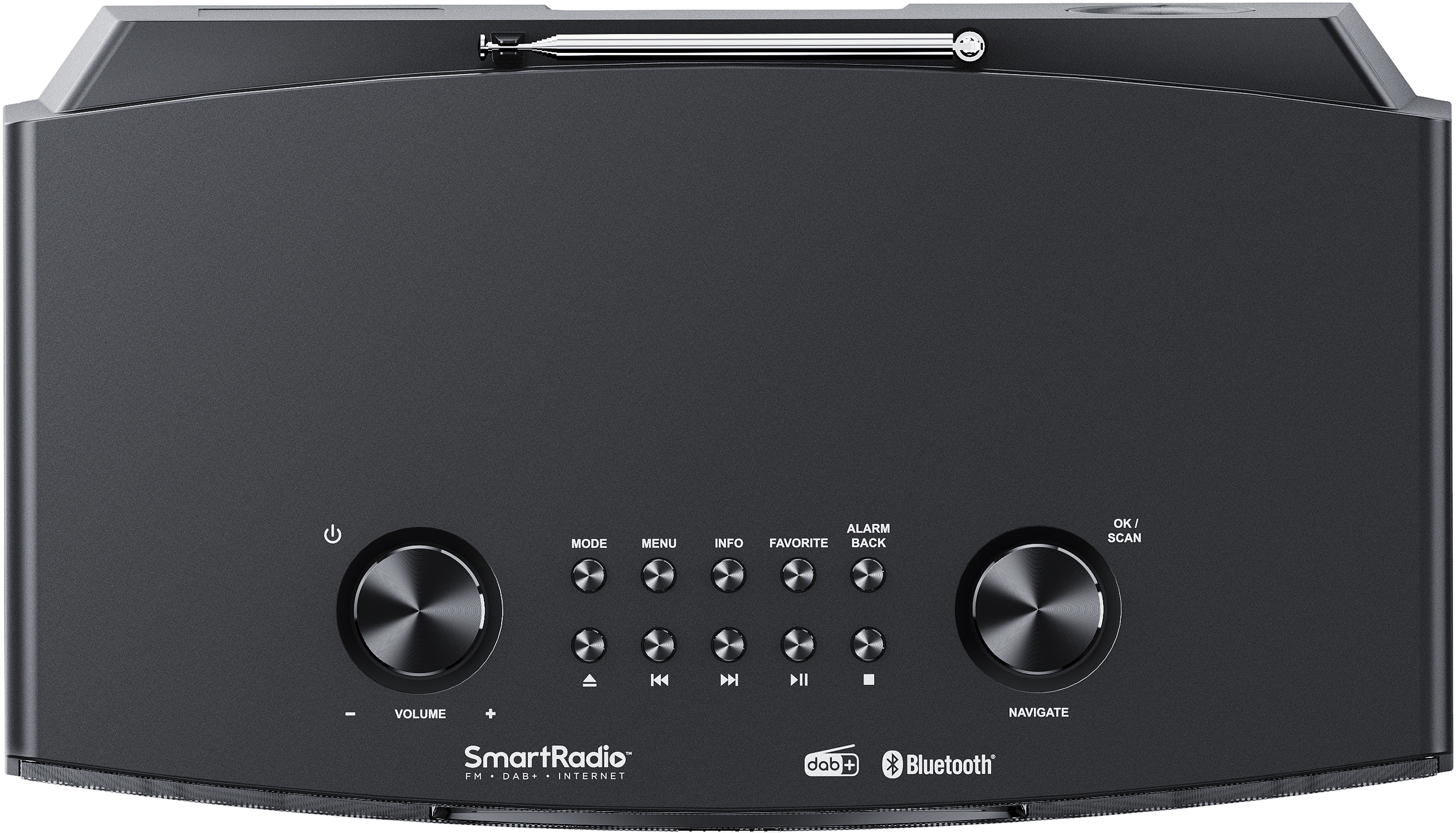 Schwarzes SmartRadio mit verschiedenen Knöpfen und Reglern.