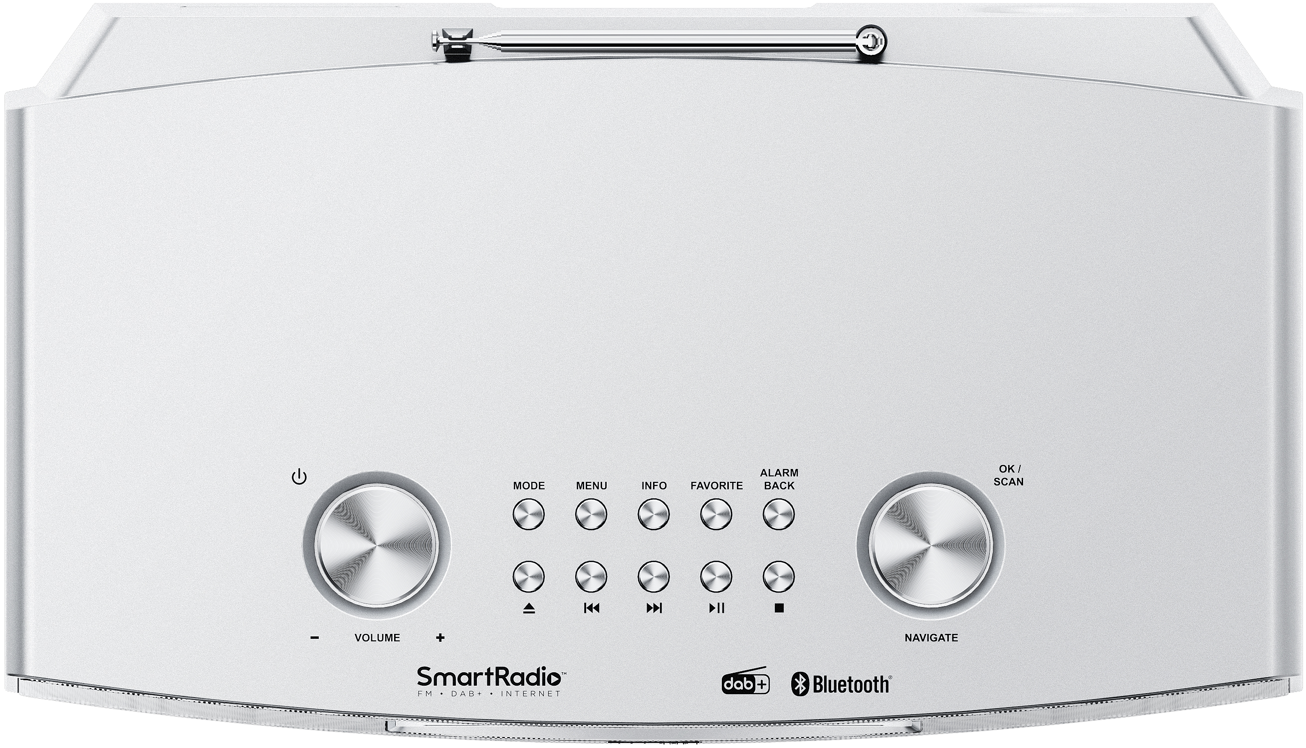 Weißes Smart Radio mit Bedienelementen und Digitalanzeige, Draufsicht.
