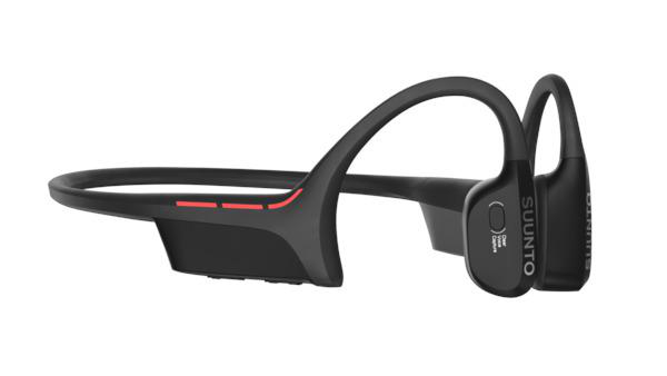 Schwarze Suunto Knochenschallkopfhörer. Das Design umfasst ein Band und einen gebogenen Ohrhörer.
