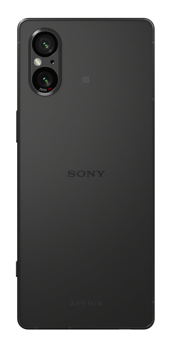 Tył czarnego smartfona z dwoma aparatami i logo Sony Xperia, na neutralnym tle.