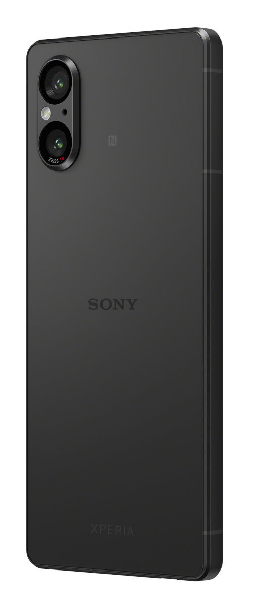 Czarny telefon Sony Xperia, widok z tyłu. Podwójny aparat, logo Sony i Xperia, białe tło.