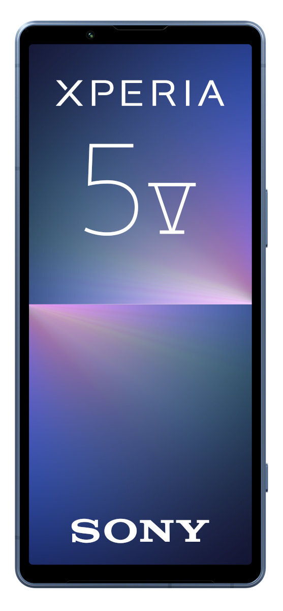 Niebieski smartfon Sony Xperia 5 V z napisem XPERIA 5 V na ekranie.