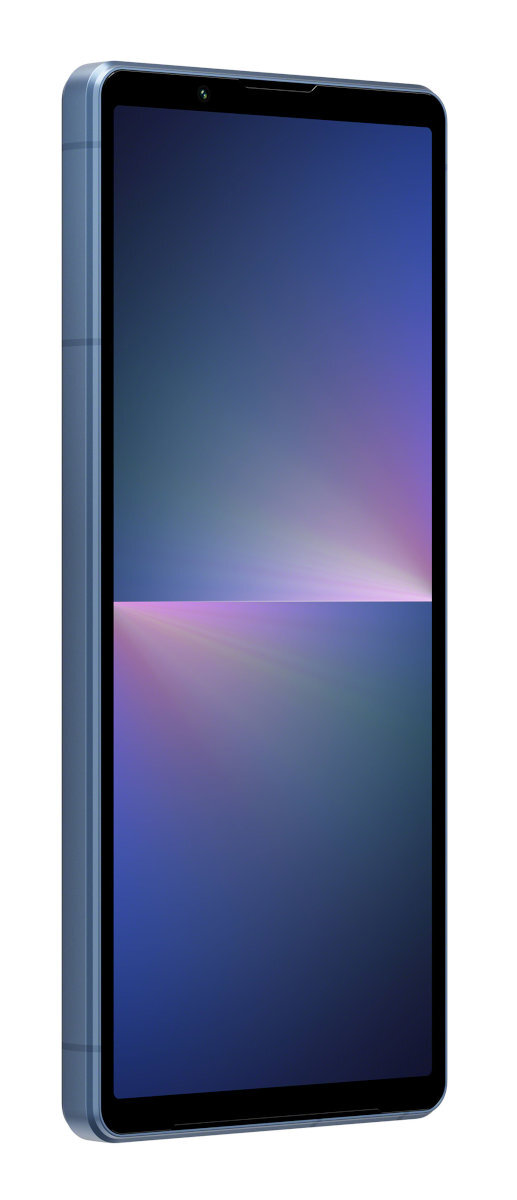 Widok z boku niebieskiego smartfona z aparatem i czarnym ekranem.