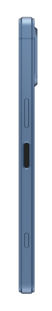 Niebieski smartfon z boku, pokazujący przyciski i port ładowania. Białe tło.