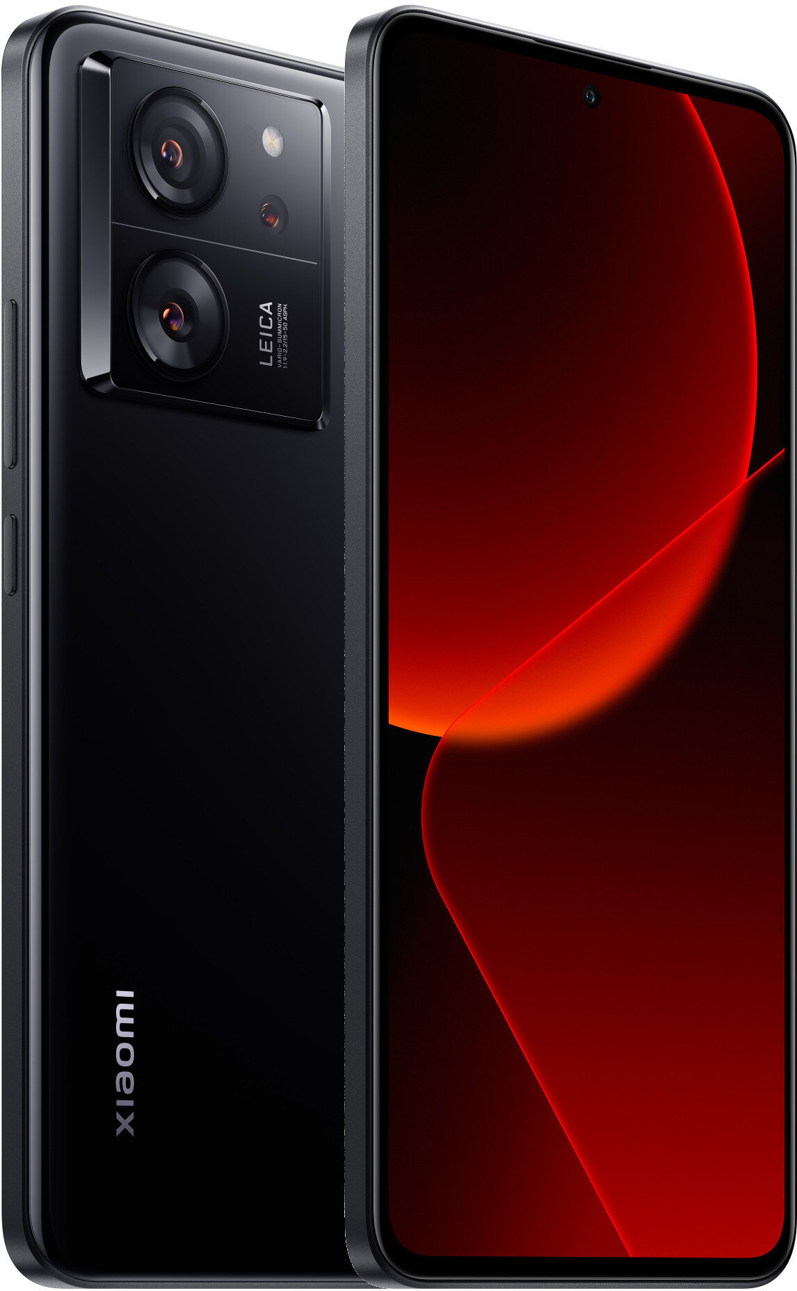 Smartfon z dwoma obiektywami i lampą błyskową. Czarny telefon z czerwonym tłem.