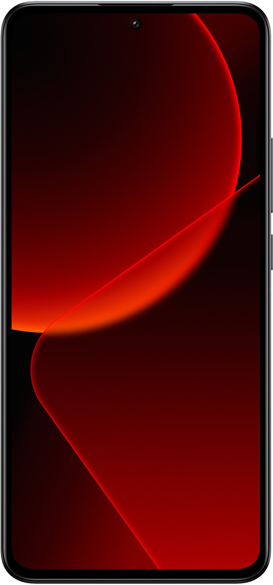 Ekran smartfona z abstrakcyjnymi czerwonymi i pomarańczowymi kształtami, telefon czarny.