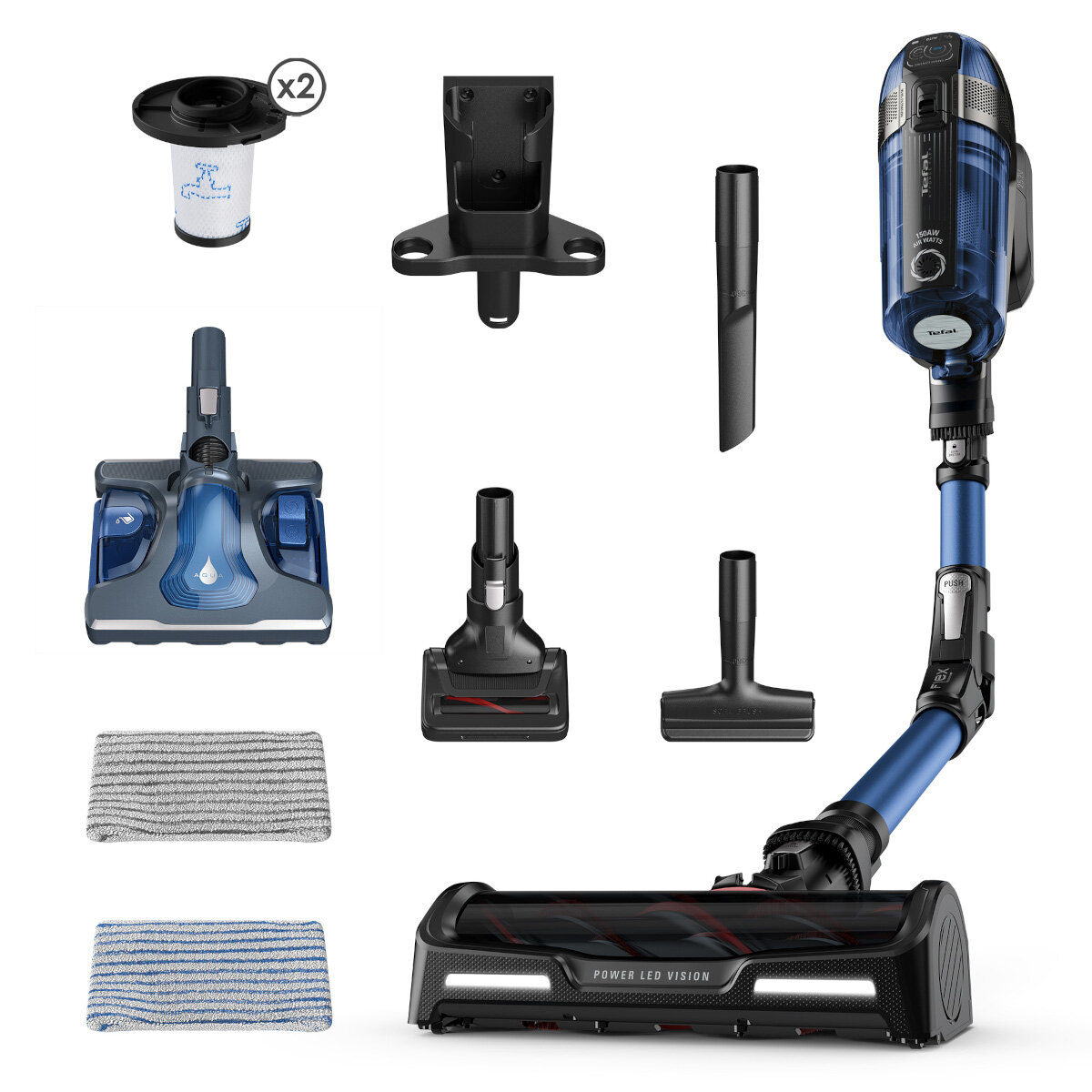 Odkurzacz z wieloma nasadkami rozłożonymi na białym tle.