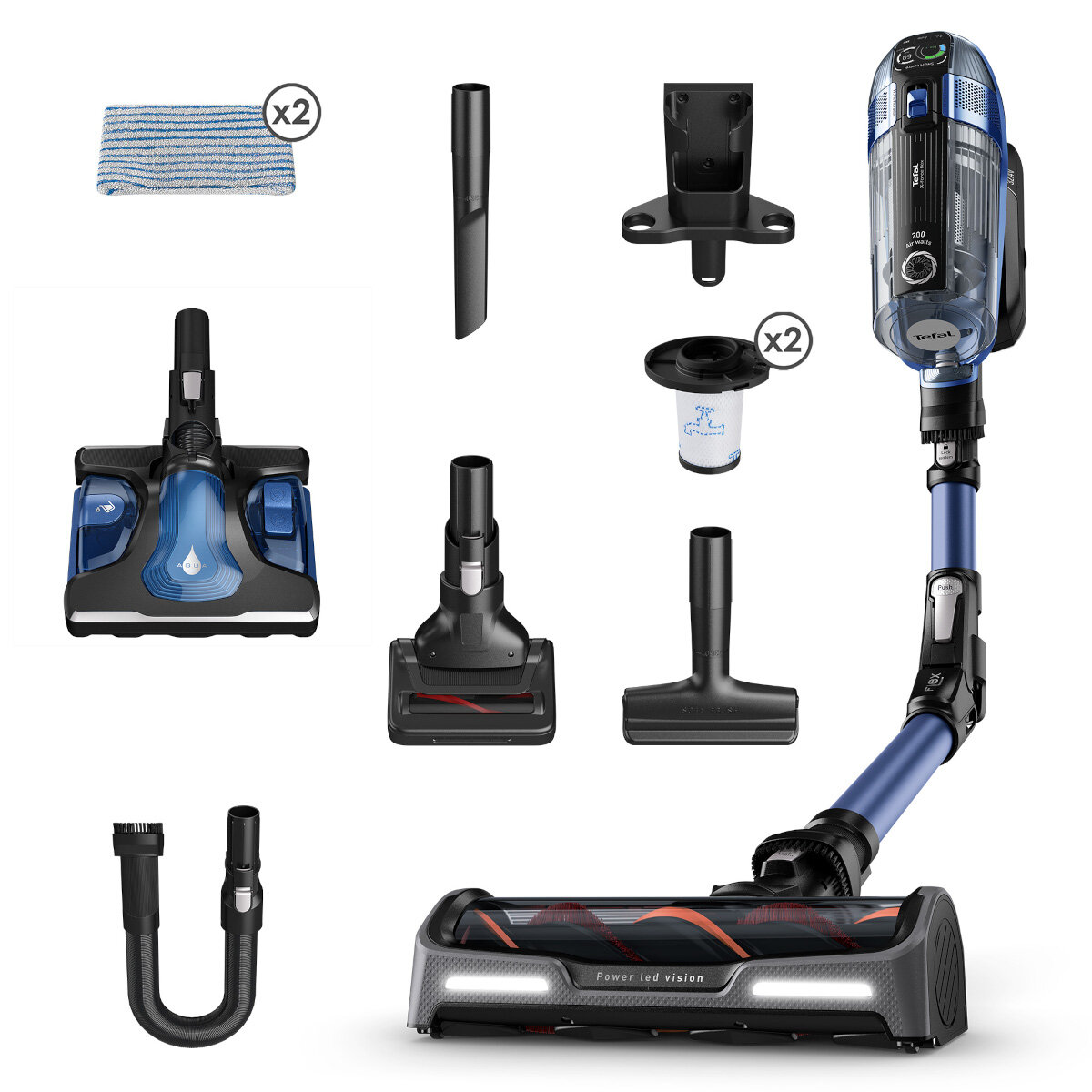 Odkurzacz z różnymi nasadkami i akcesoriami.