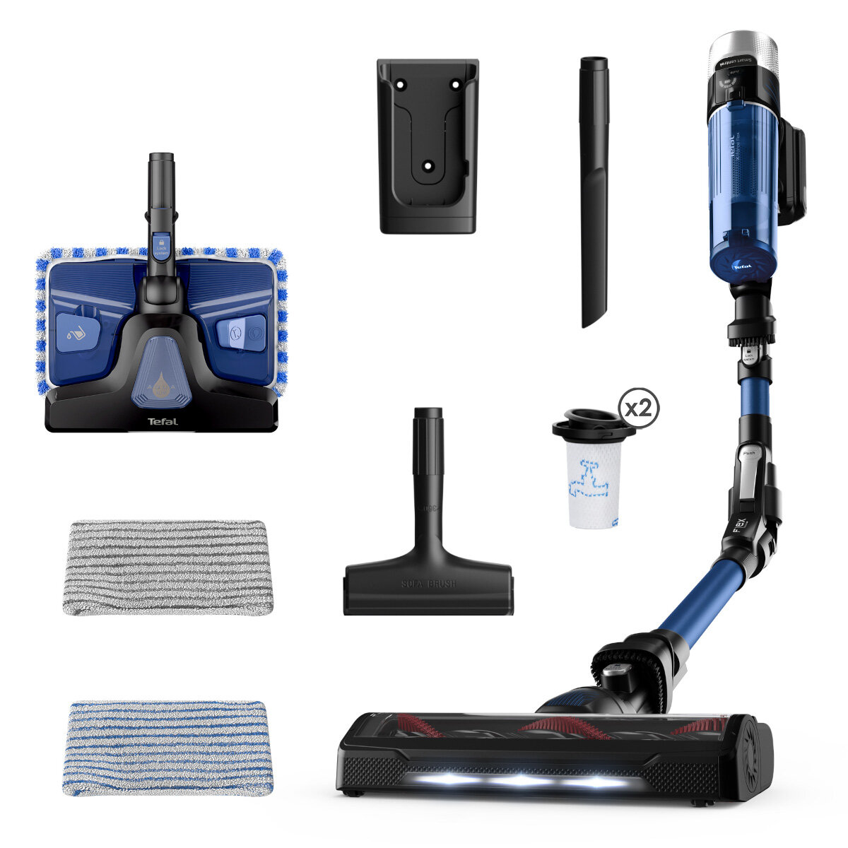 Różne nasadki do odkurzacza i jednostka główna. Akcesoria obejmują szczotkę i dwie nakładki czyszczące.