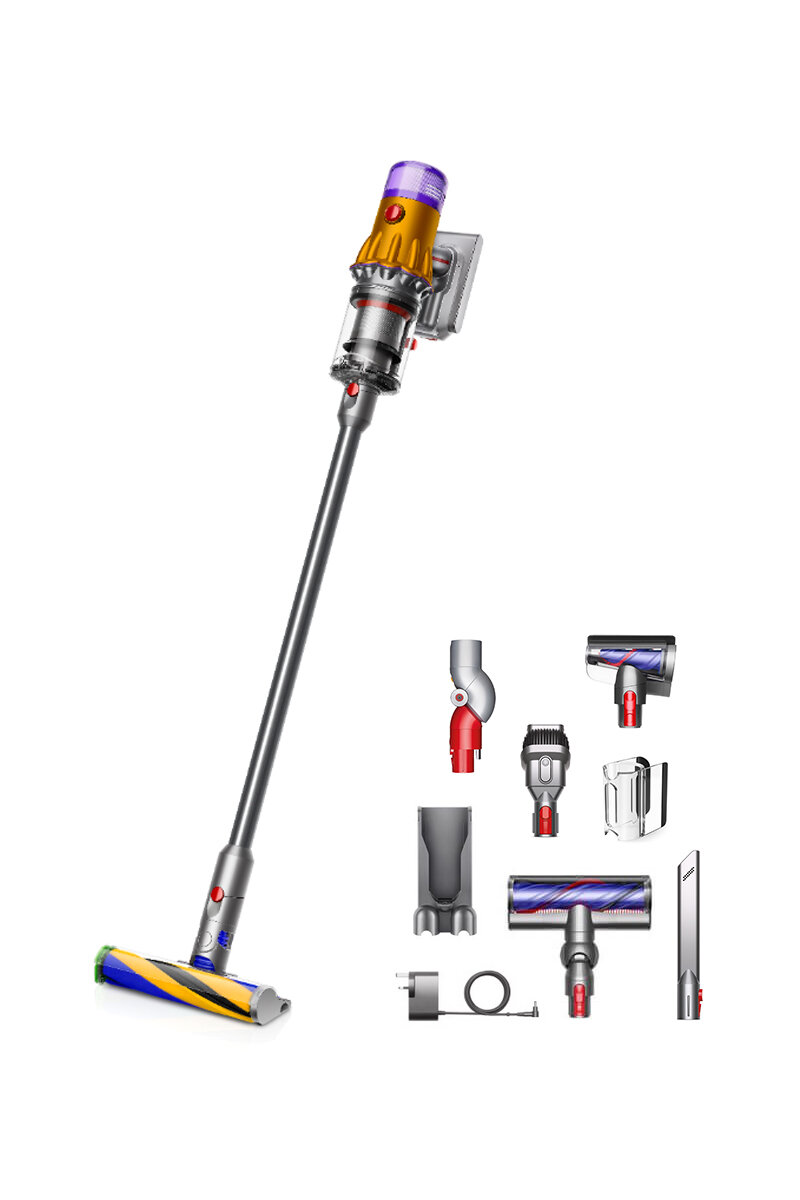 Odkurzacz bezprzewodowy Dyson z akcesoriami na białym tle.