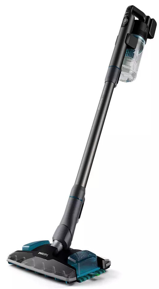 Bezprzewodowy odkurzacz Philips. Czarny i turkusowy, pionowa konstrukcja.