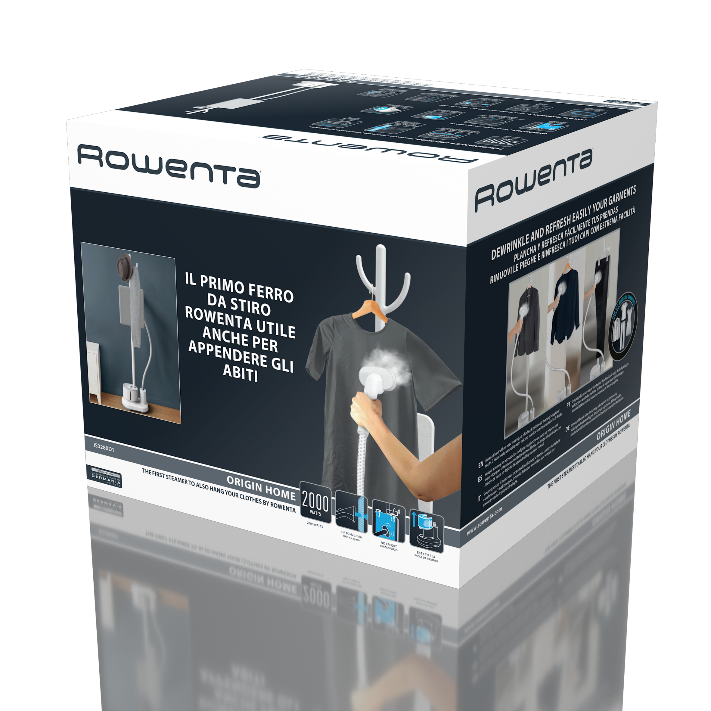 Caja para un vaporizador de ropa. Muestra el vaporizador con una camisa e instrucciones.