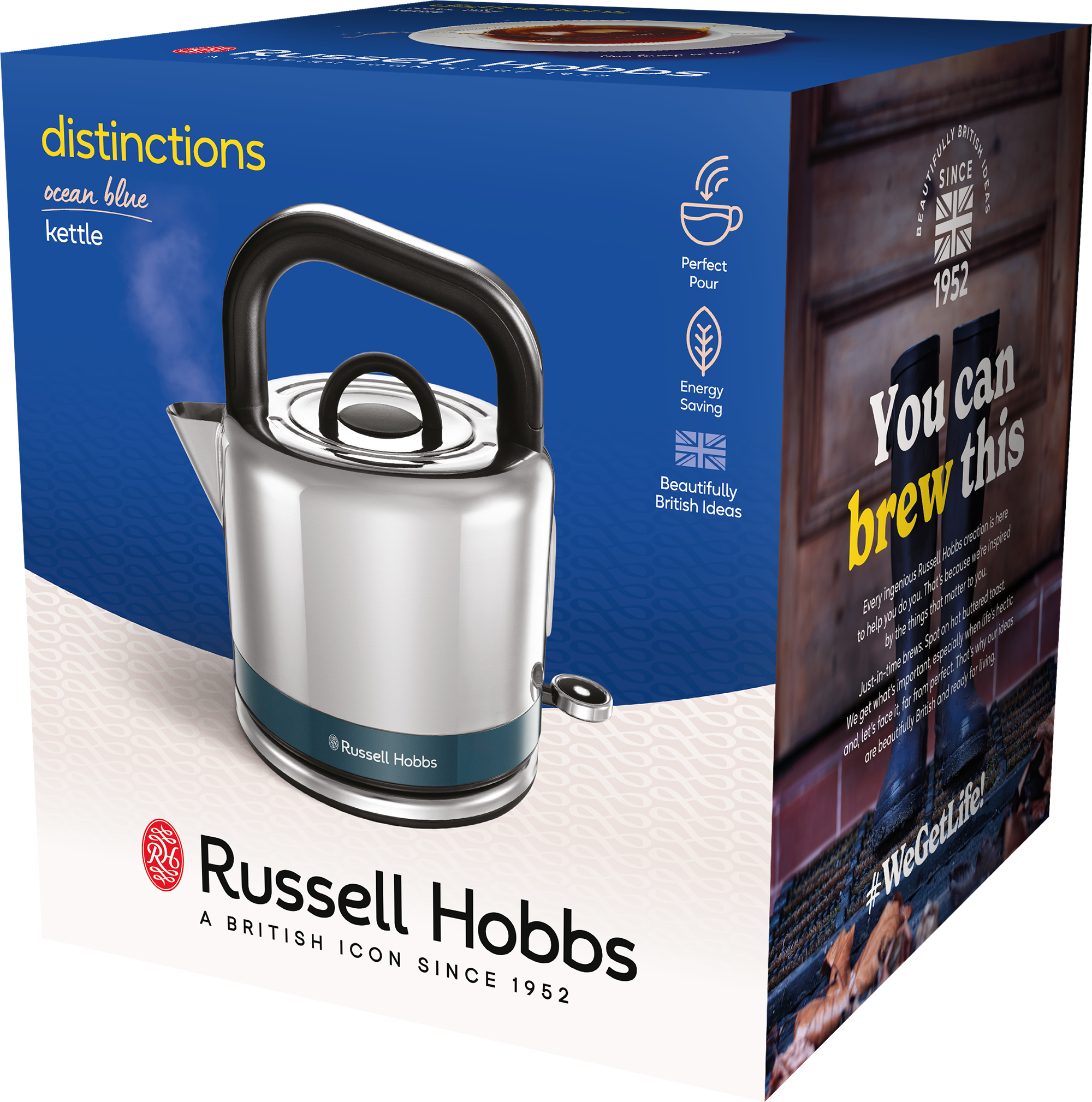 Russell Hobbs vízforraló doboza, a vízforralóval és szöveggel.