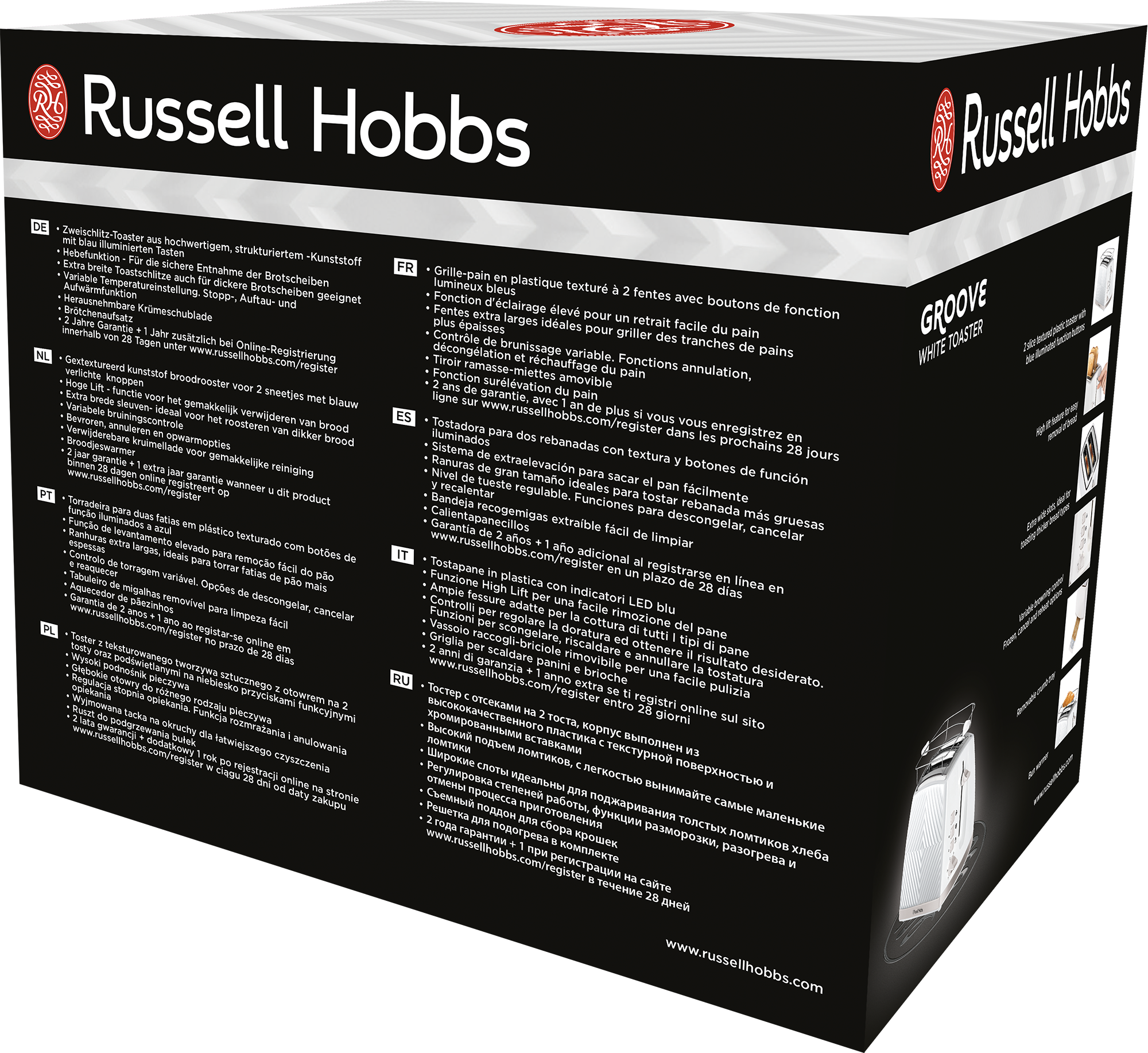 Fehér Russell Hobbs termékdoboz, több nyelven felirattal.
