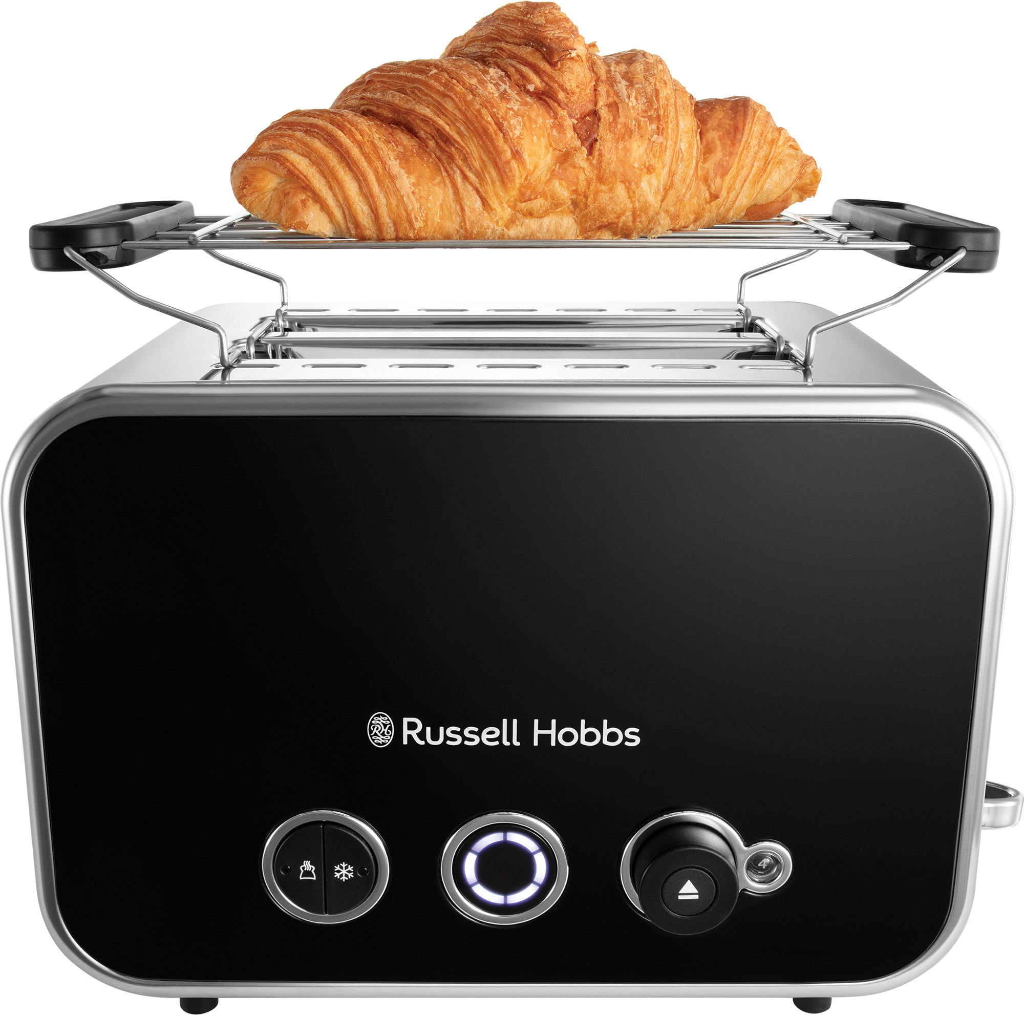 Fekete kenyérpirító tetején croissant-val. Ezüst rács látható. Gombok elöl.