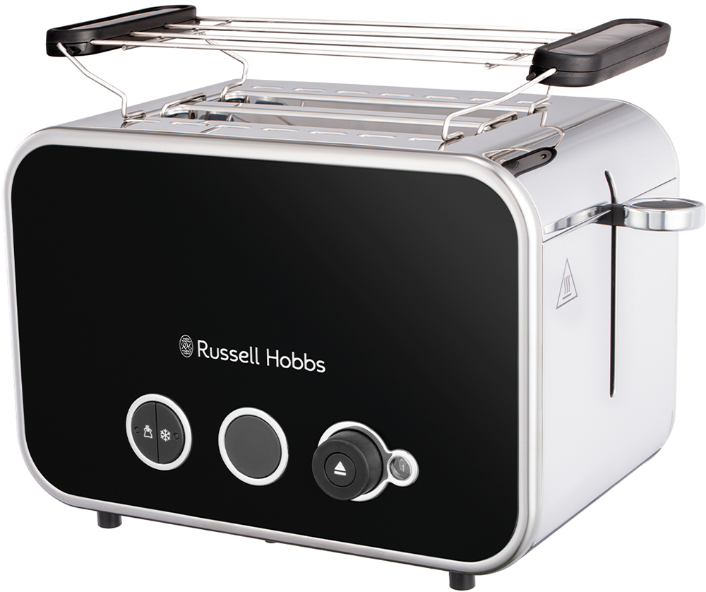 Egy fekete-ezüst kenyérpirító Russell Hobbs logóval, két nyílással és egy karral.