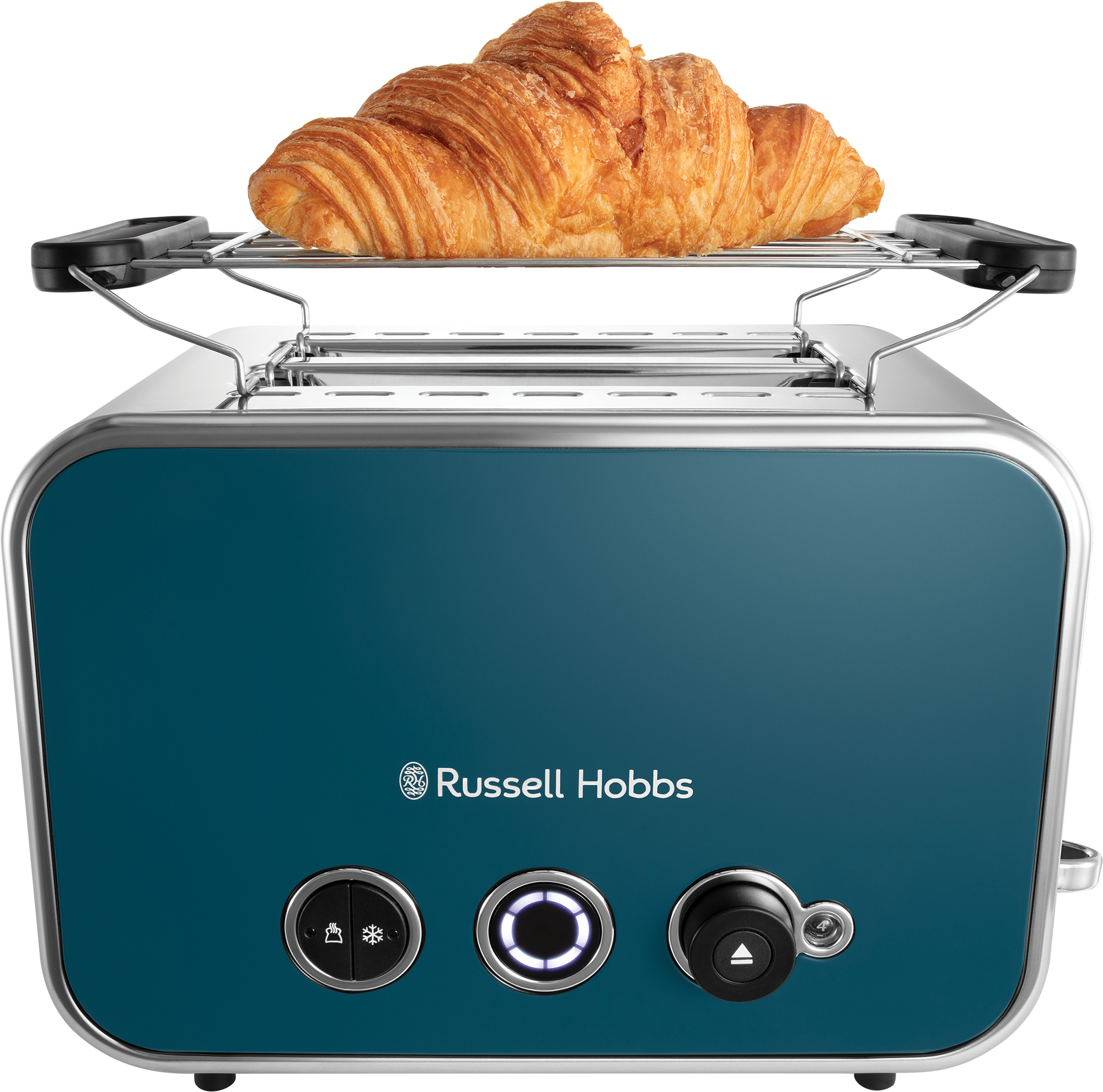 Türkizkék kenyérpirító croissant-val a tartón, látható szabályzókkal, fekete háttér előtt.