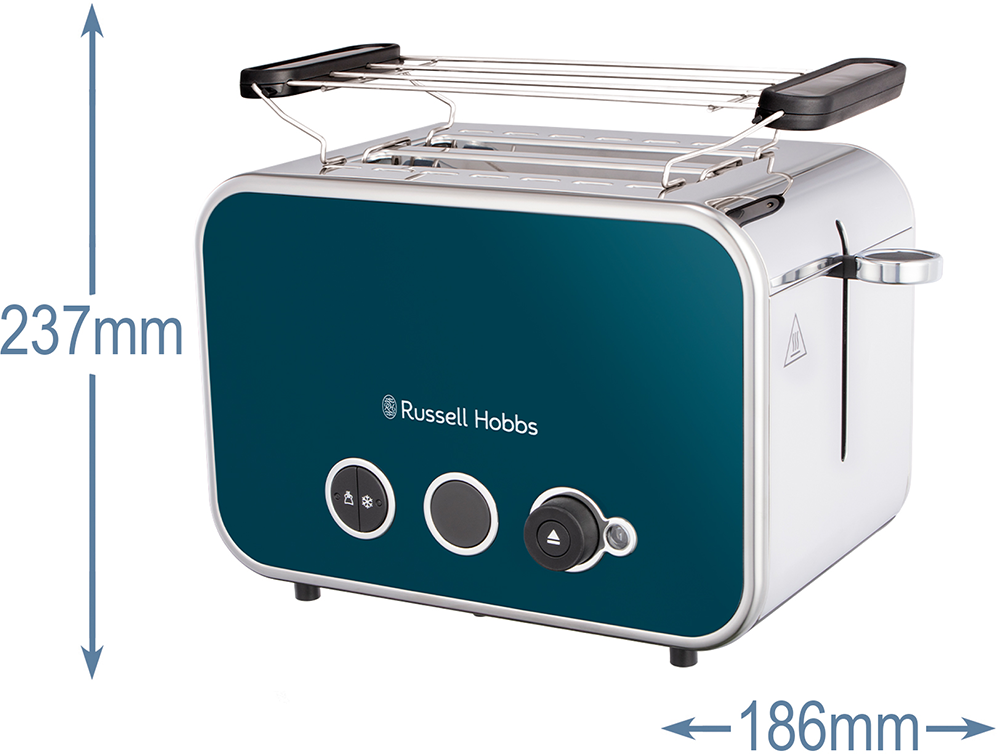 Türkiz kenyérpirító króm díszítéssel. Méretek: 237 mm magas, 186 mm széles. Russell Hobbs logó.