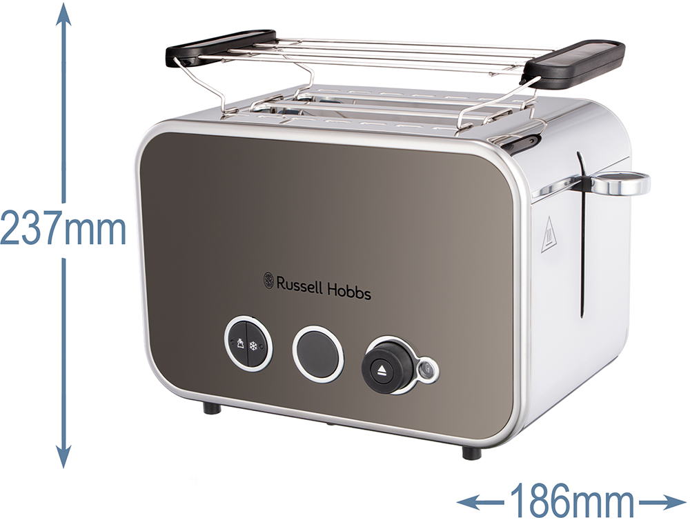 Ezüst és szürke Russell Hobbs kenyérpirító méretekkel. 237mm x 186mm.