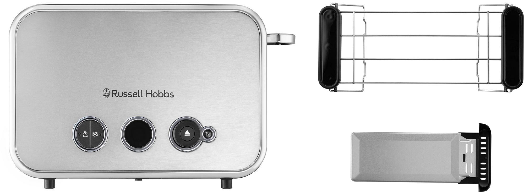 Ezüst kenyérpirító vezérlőkkel és Russell Hobbs logóval. Zsemlemorzsagyűjtő tálcát és kenyérállványt tartalmaz.