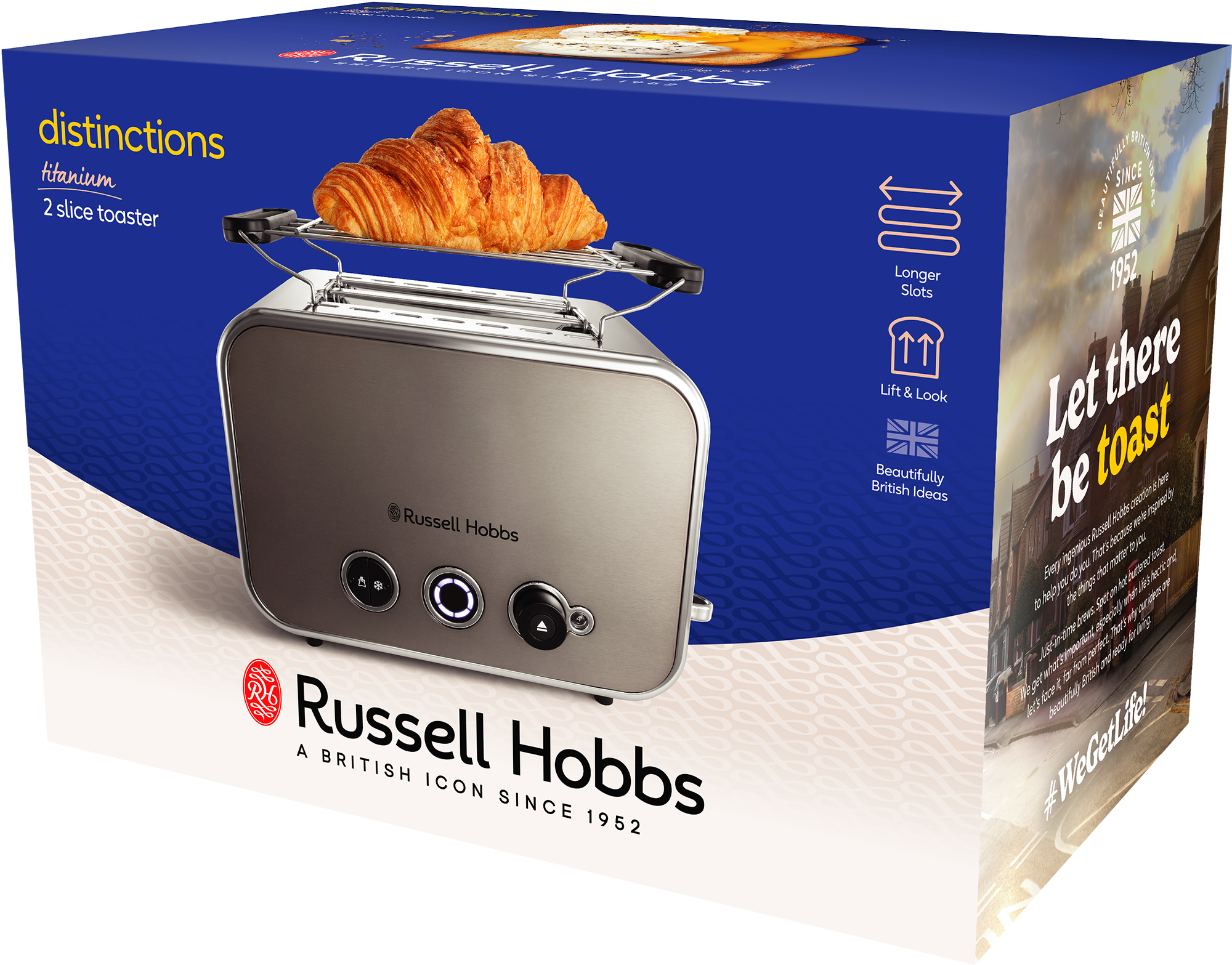 Russell Hobbs 2 szeletes kenyérpirító dobozban. A dobozon egy kenyérpirító és egy croissant látható.