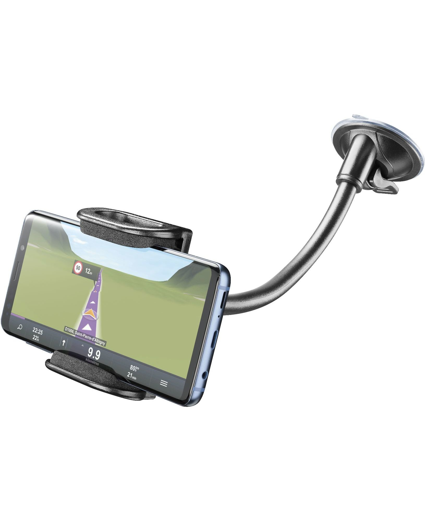 Ein Telefon, das an einer Autoscheibe montiert ist. Der Bildschirm zeigt eine Navigationskarte an.