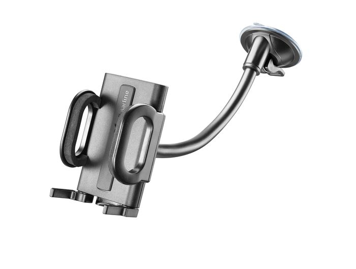 Silberner Autotelefonhalter mit schwarzen Griffen und Saugnapf.