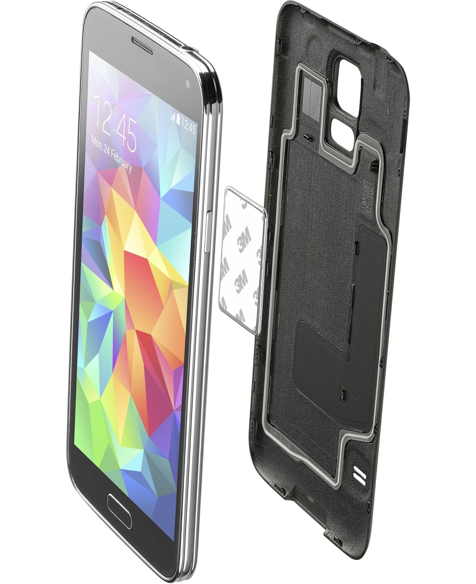 Ein Smartphone und eine Handyhülle liegen auf einer weißen Oberfläche. Die Handyhülle ist offen und hat einen Aufkleber.