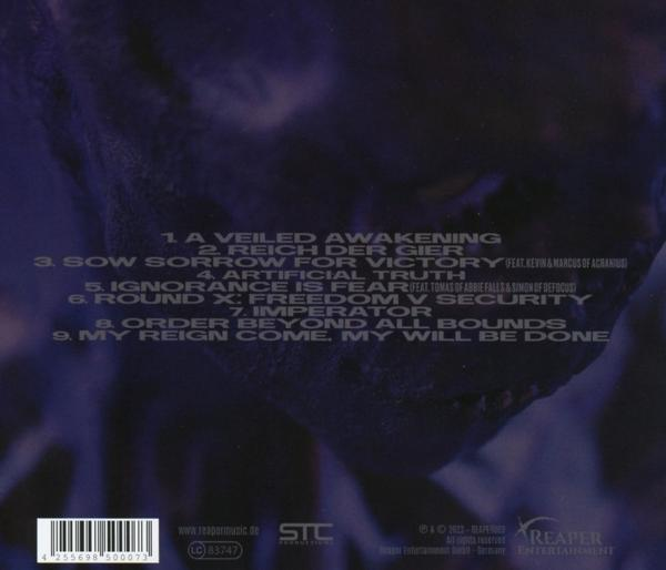 Albumcover mit Titelliste. Dunkler Hintergrund mit Gesichtseindruck. Text in Weiß und Lila.