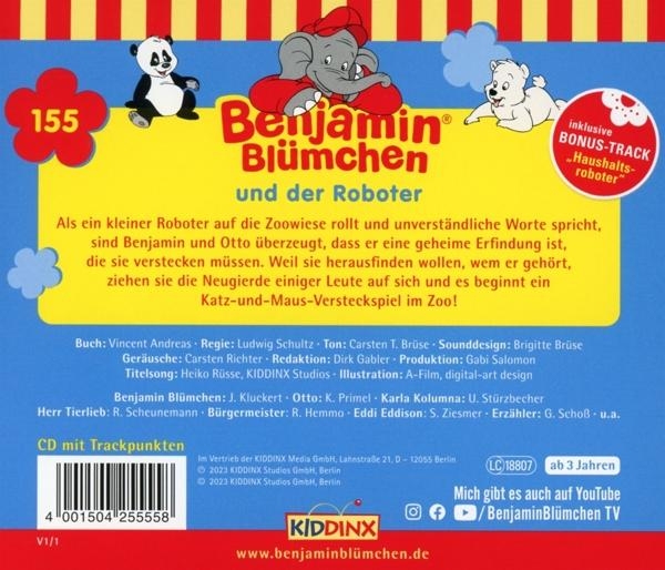 Rückseite einer Benjamin Blümchen CD, mit Text, einem Panda und einem Elefanten.