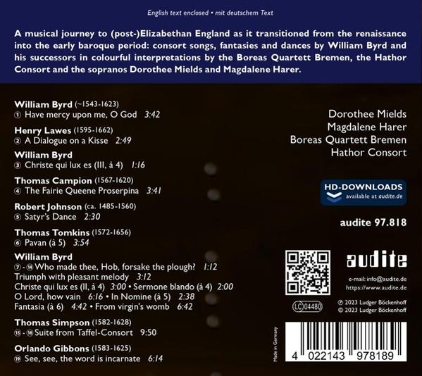 CD-Hülle mit Text und QR-Code über eine musikalische Reise durch das Renaissance-England.