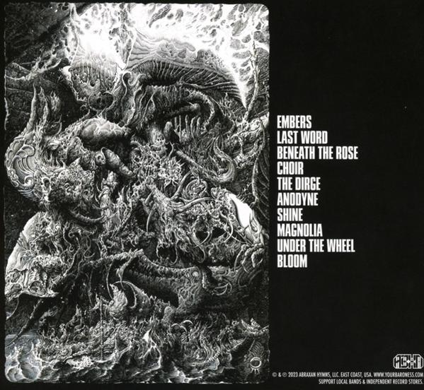 Album-Artwork mit abstrakten Graustufenbildern und Songtiteln auf schwarzem Hintergrund.