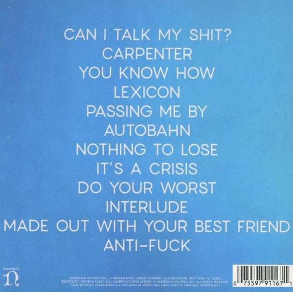 Album-Rückseite mit Songtiteln und Copyright-Informationen. Blauer Hintergrund.