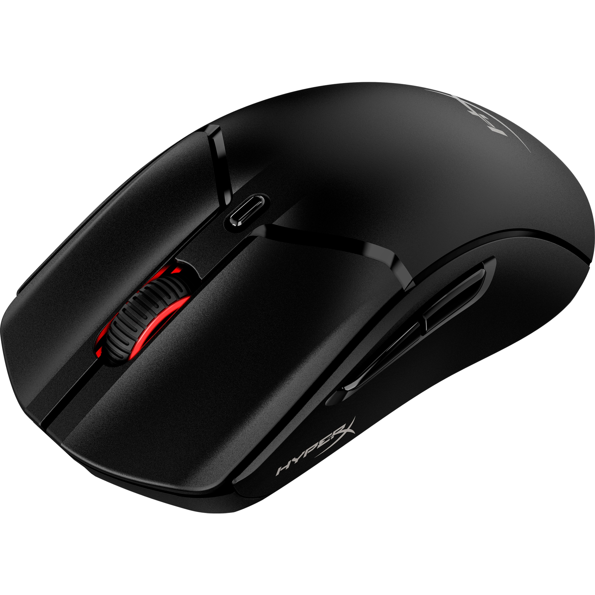 Kırmızı kaydırma tekerleği ve düğmeleri olan siyah oyun faresi. HyperX logosu görünür.