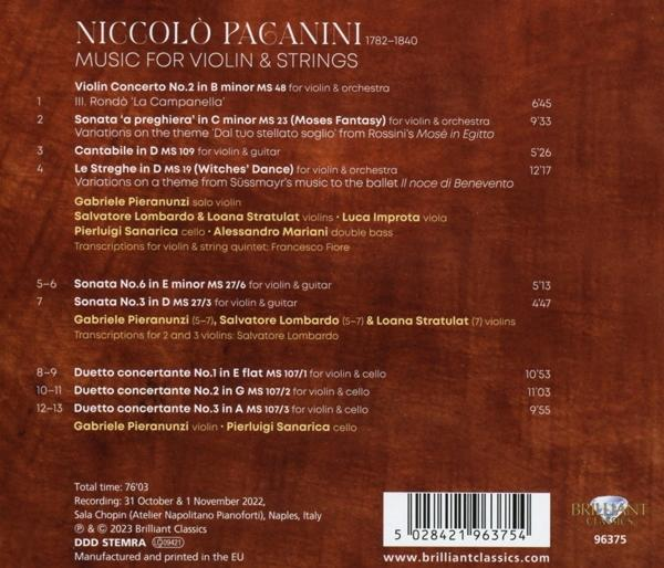 CD-Album-Rückseite mit Details zur Musik für Violine und Streicher.