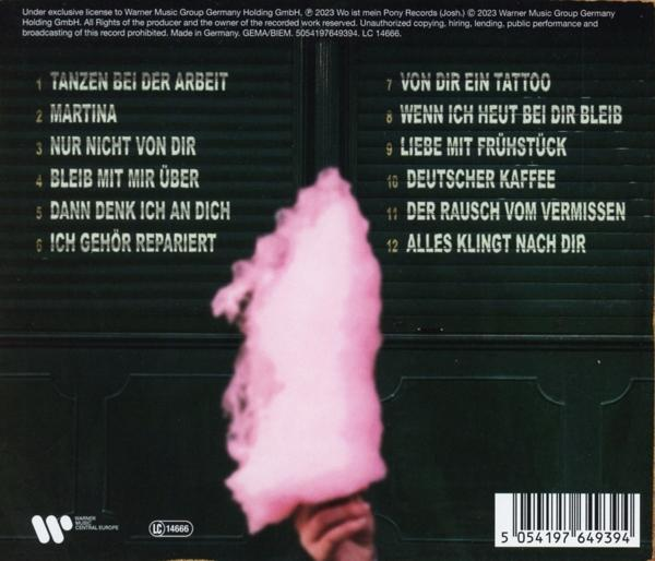 Rückseite einer CD mit rosa Zuckerwatte und deutschen Titeln.