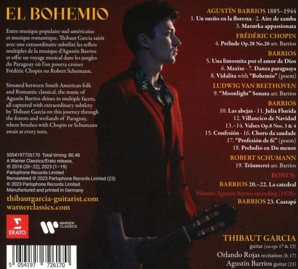 Albumcover mit Text über Agustin Barrios, einen Gitarristen, und einem Profilbild eines Mannes.